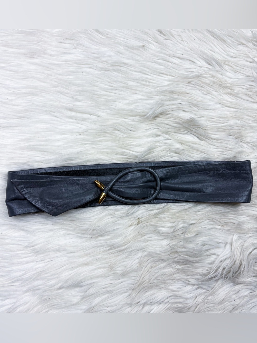 Vintage 80s Gray Leather Gold Loop Waist Belt Retro Rockabilly Womens Small